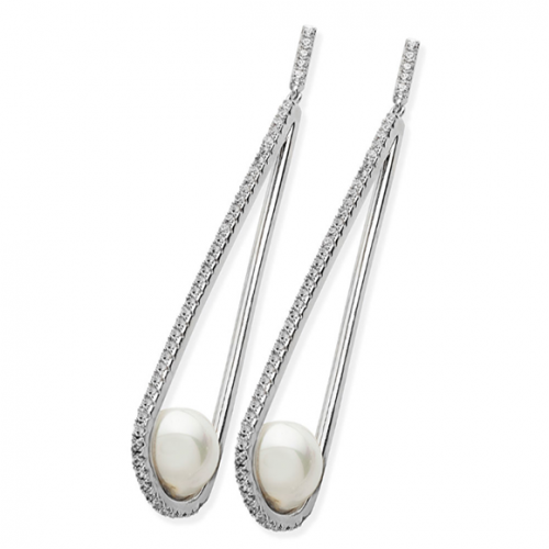 Tipperary Crystal Silver Long Crystal Cradle Pearl Drop Earrings
